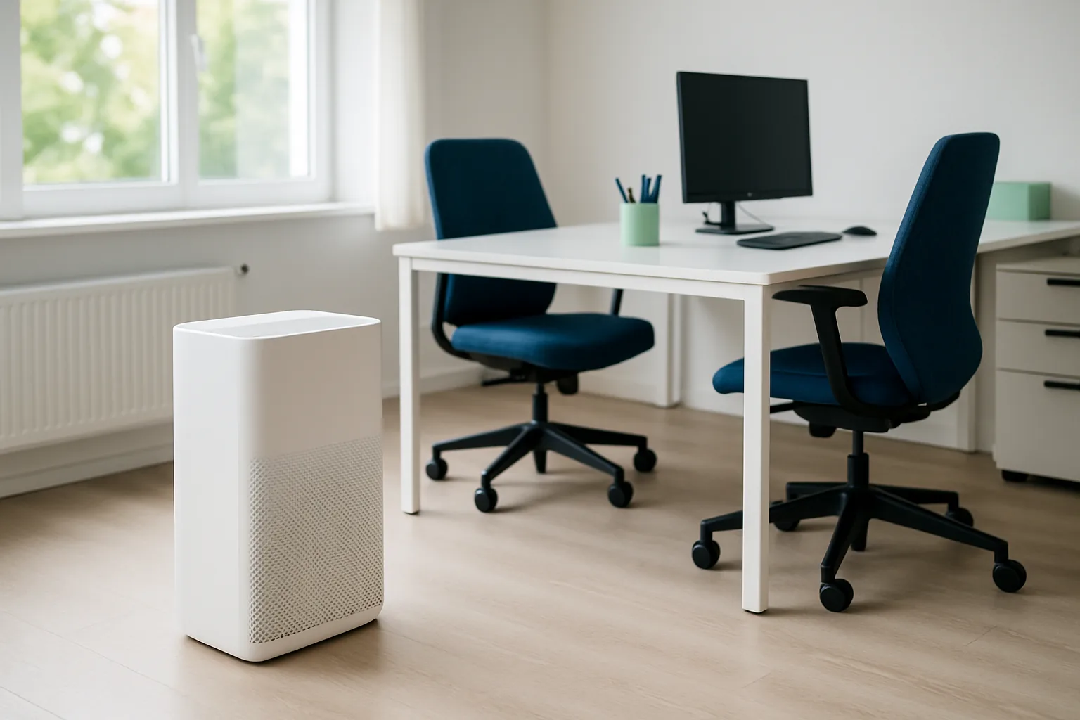 Luftreiniger in einem modernen Büro mit Schreibtischen
