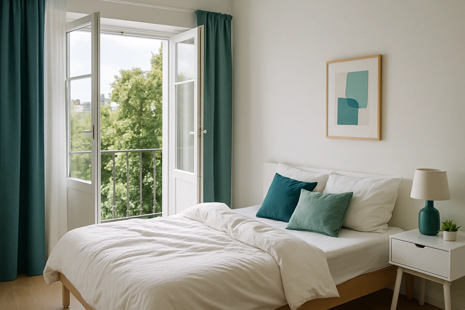 Frisch gelüftetes Schlafzimmer mit aufgeschlagener Bettdecke am offenen Fenster