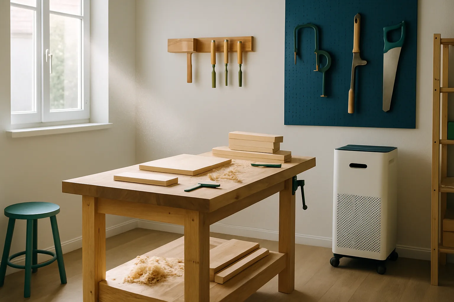 Luftreiniger in einer hellen Werkstatt mit Holzbearbeitung