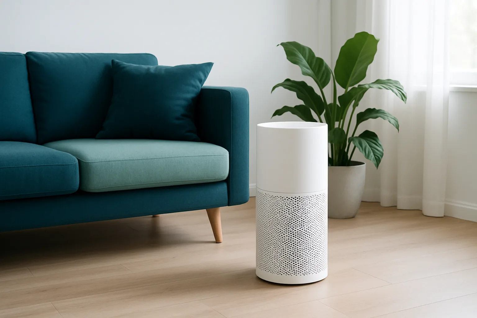 Luftreiniger mit HEPA-Filter in einem hellen Wohnzimmer