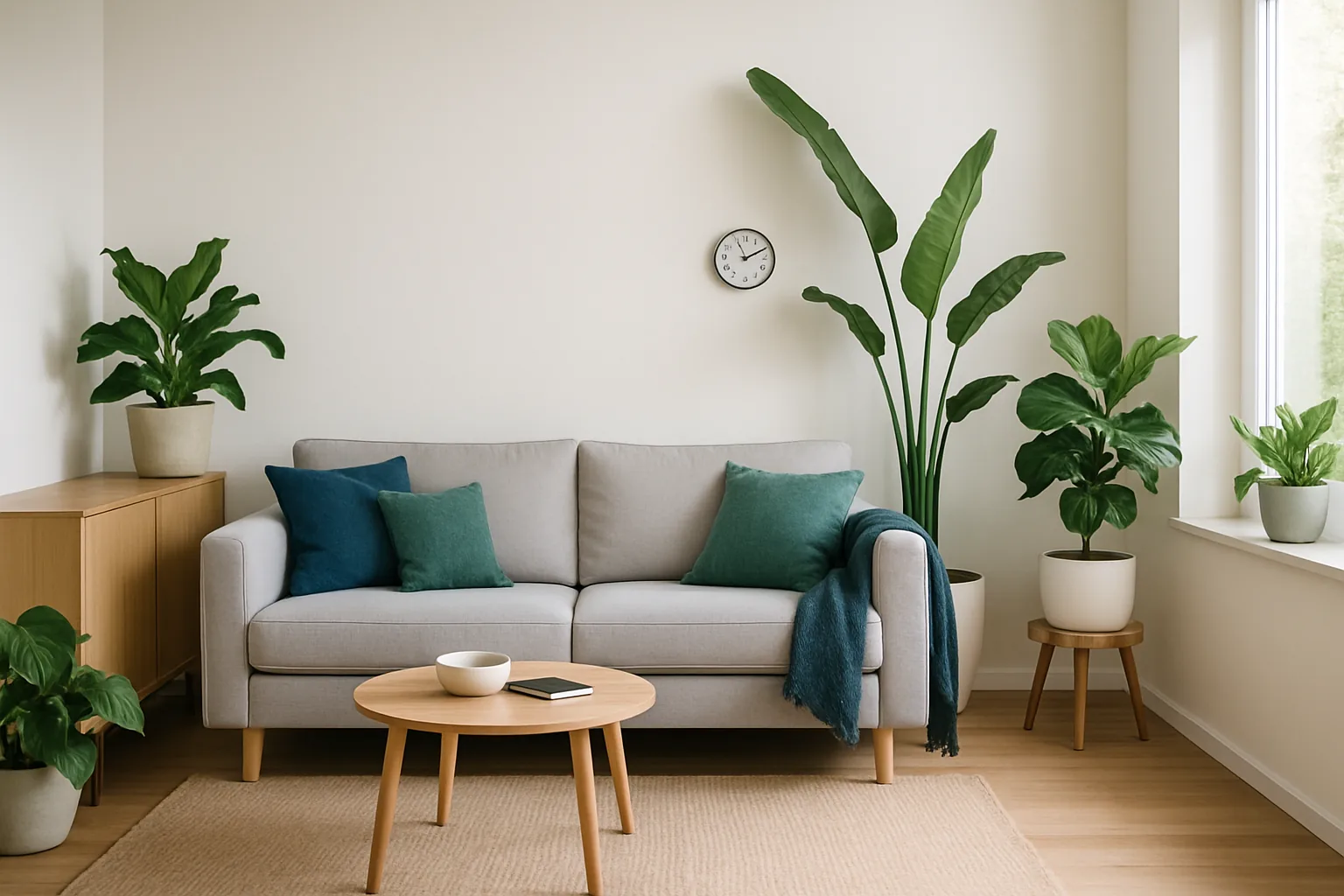 Wohnzimmer mit Zimmerpflanzen und Hygrometer für optimale Raumfeuchte