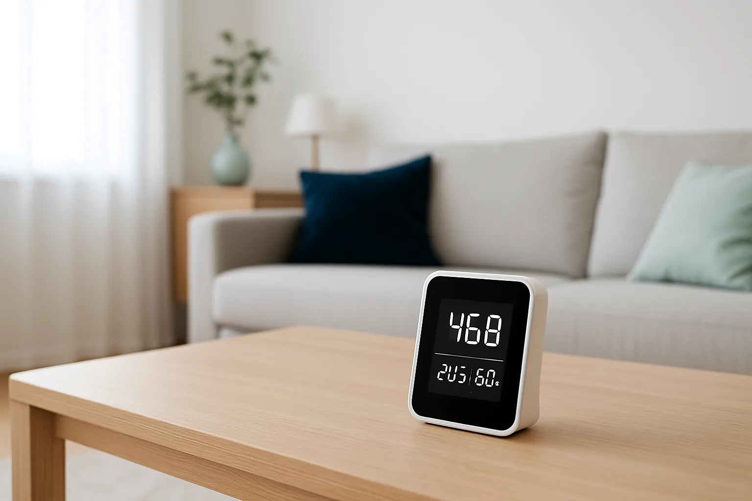 Digitales Messgerät zeigt die Raumluftqualität im Wohnzimmer