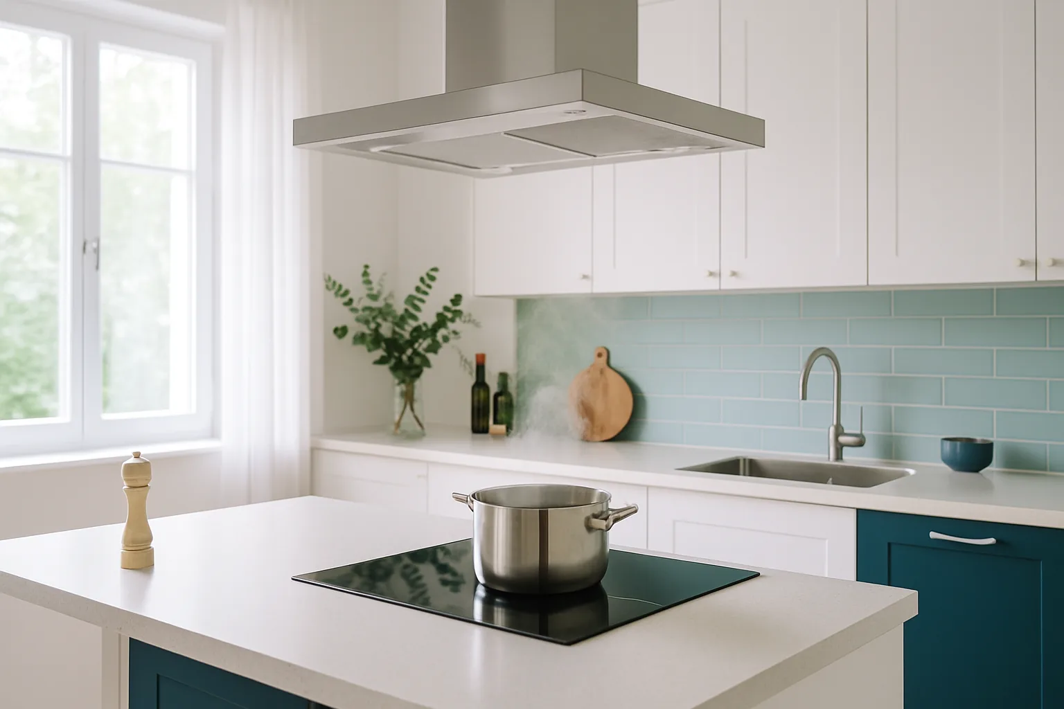 Kochen in heller Küche mit aufsteigendem Dampf